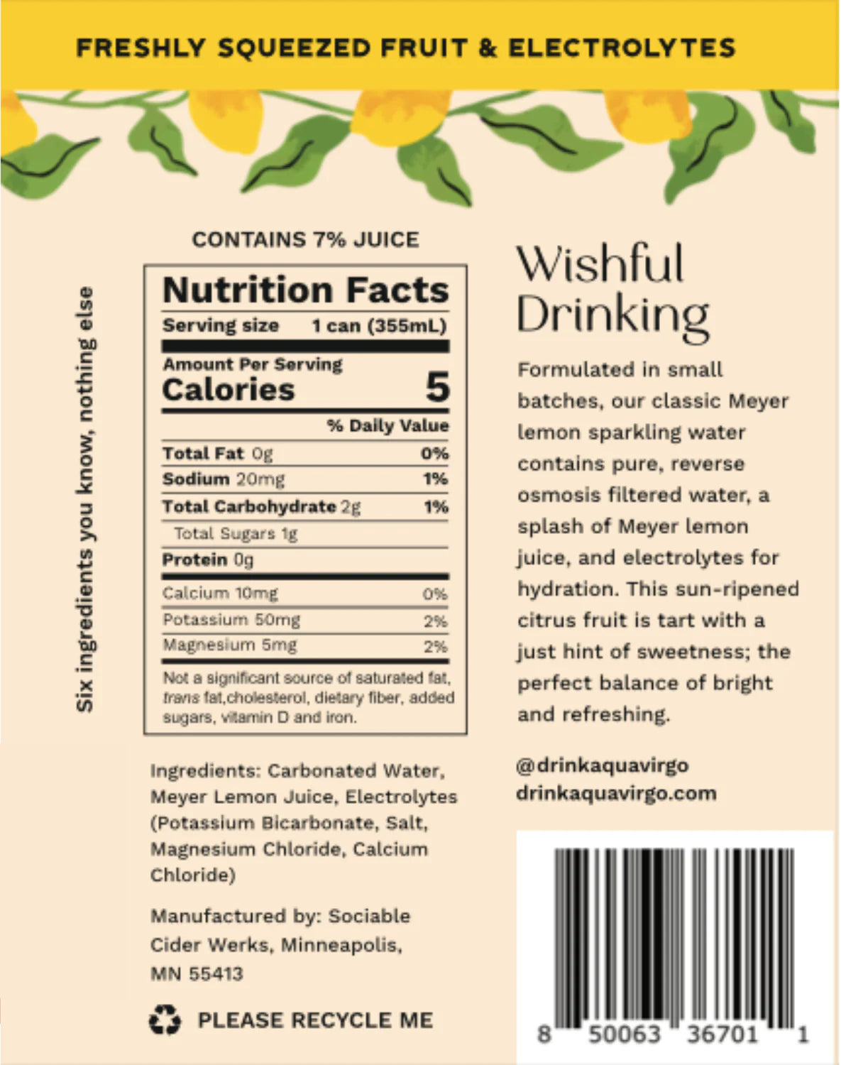 Aqua Virgo - Meyer Lemon Nutrition Facts