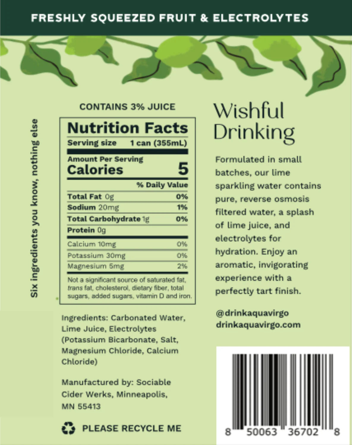 Aqua Virgo - Lime Nutrition Facts